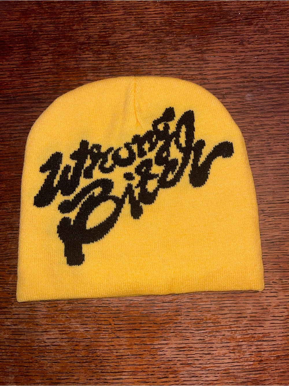 Yellow Knit Beanie with Black Script Logo